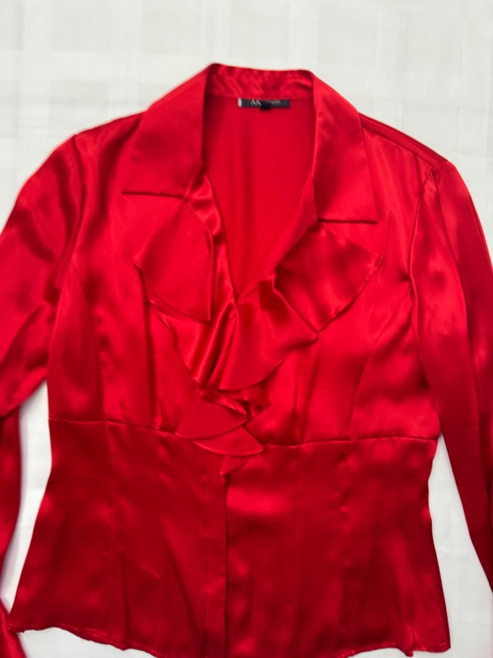 Anne Klein Red Satin Ruffled Button-Front Blouse - Picture 5 of 16